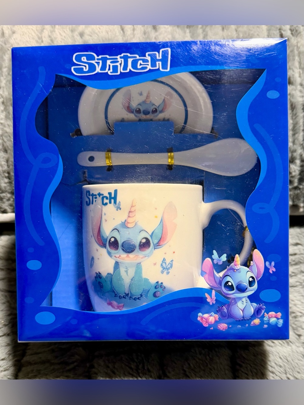 NIB Disney Stitch Unicorn Ceramic Mug, Saucer & Spoon 3-Piece Gift Set